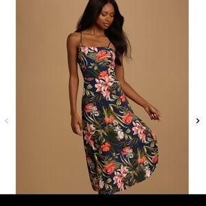 Lulus Perfect Getaway Navy Blue Floral Print Tie-Back Midi Dress - Size S